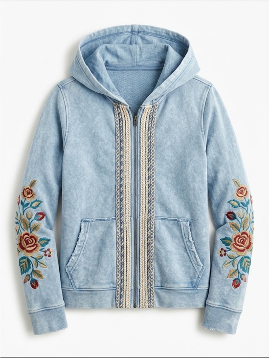 Caite Tops - Caite Light Blue Embroidered Zip Hoodie Jacket